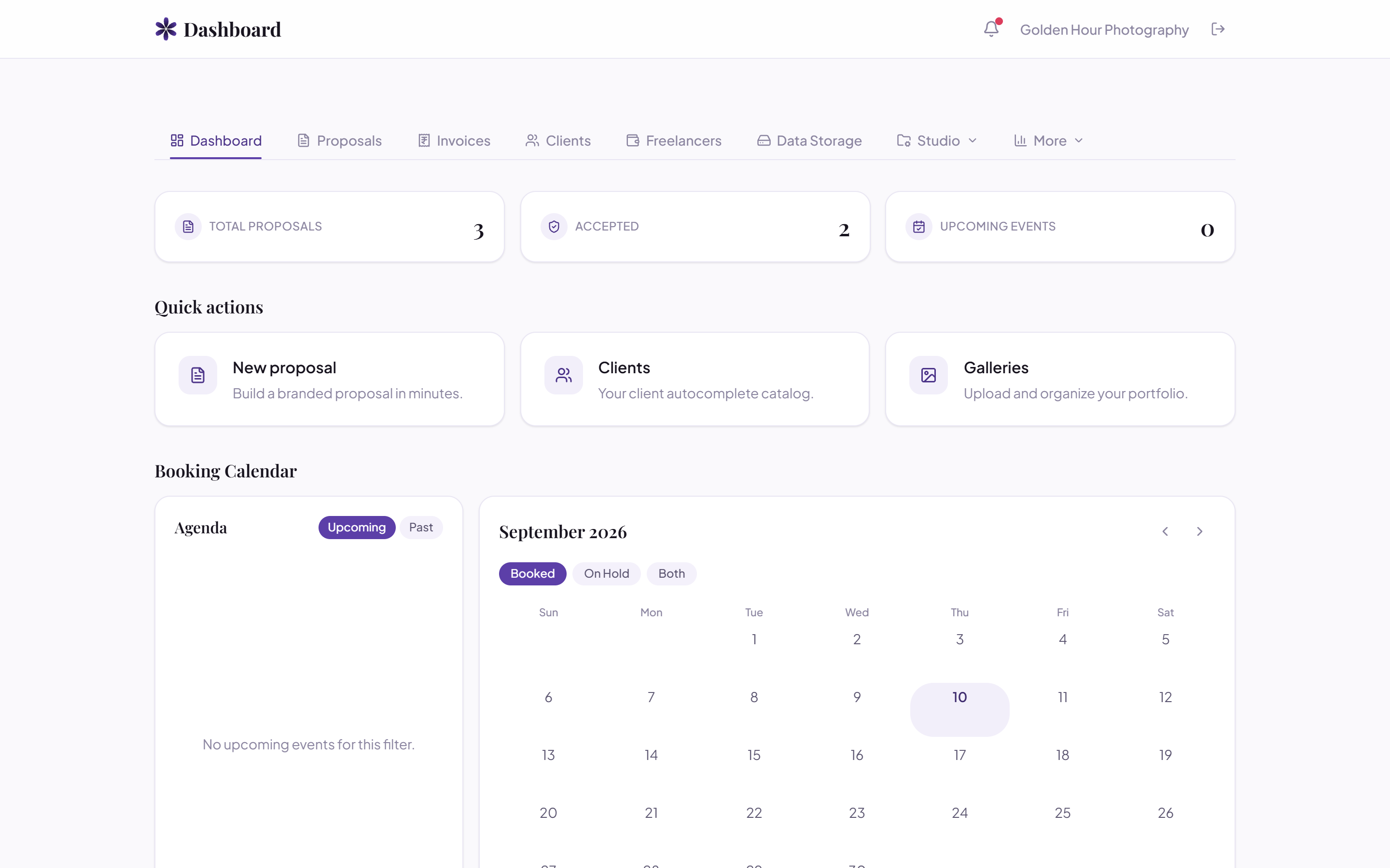 TaKo Studio dashboard showing proposals and a booking calendar