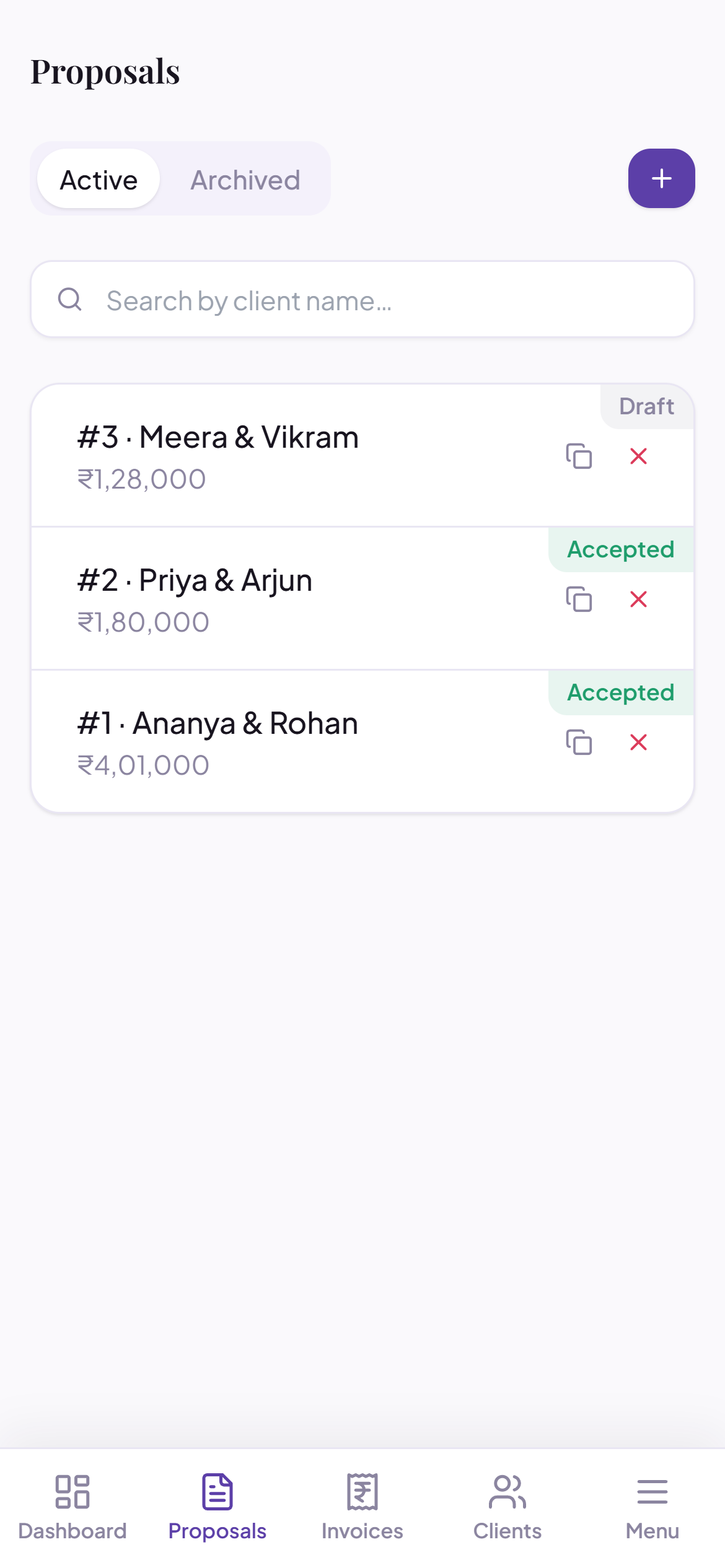TaKo Studio app showing wedding proposals on a phone
